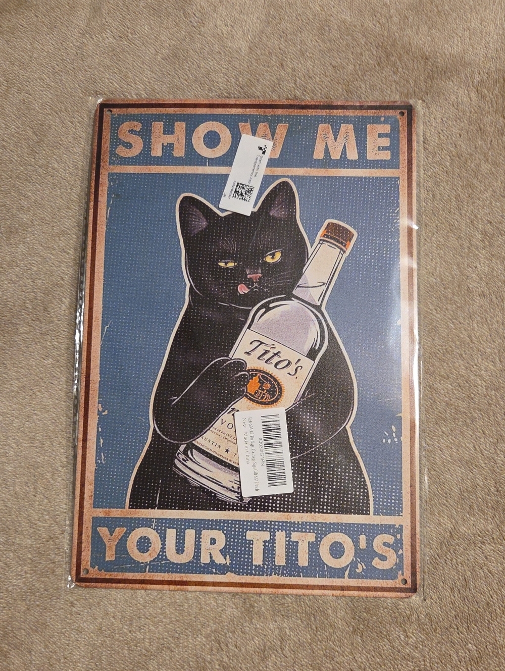 Retro Style Metal Wall Cat Poster - Blue/Black Tito's Motif